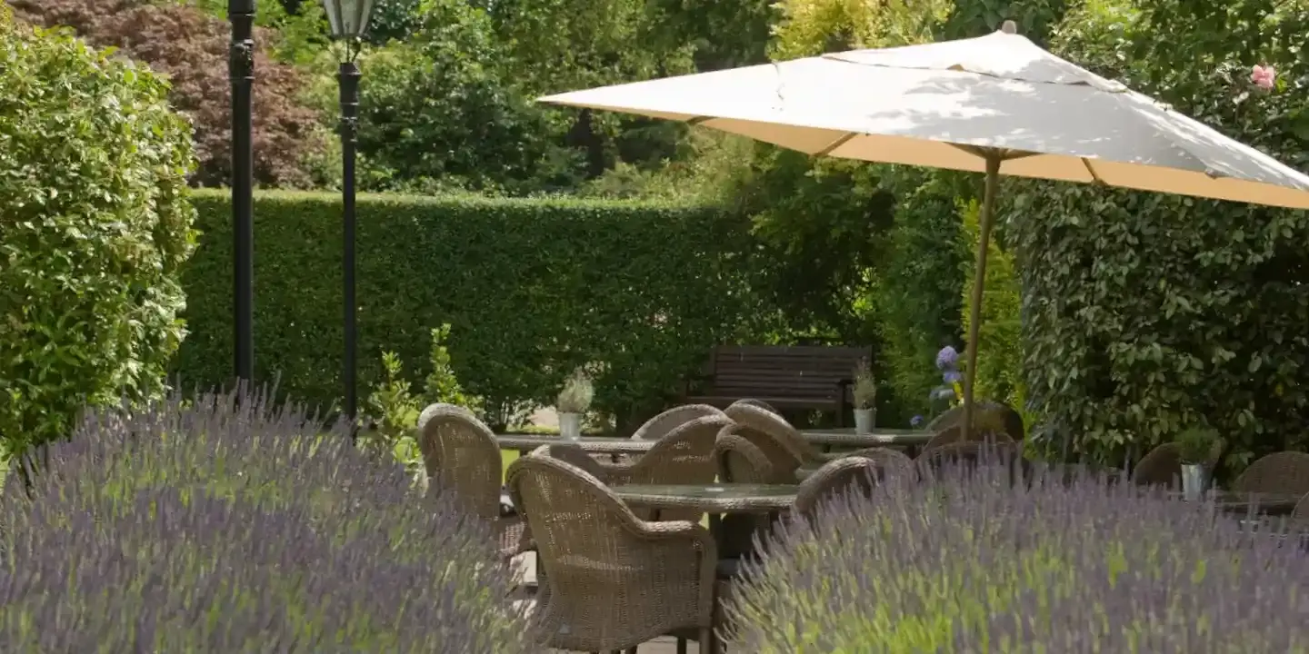 A garden scene featuring a table and chairs with an umbrella.