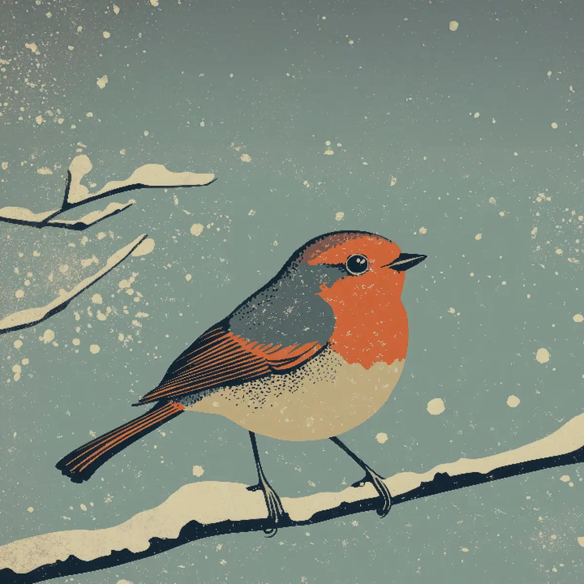 illustration of bird sitting on snowy branch