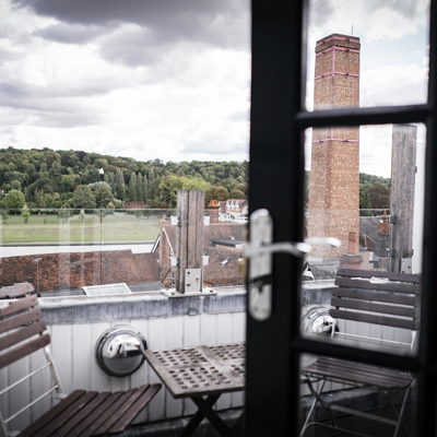 Cityscape seen through a window.